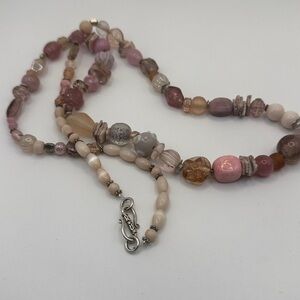 Custom made necklace hand-blown glass beads rhinestones silvertone S-hook clasp.